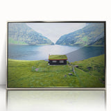 Large art print of a mid-century modernist European scenery in Denmark, with muted earth tones on framed acrylic.