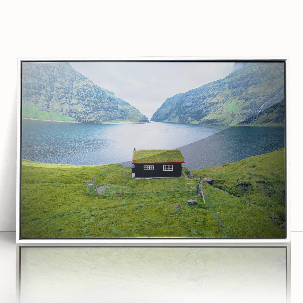 Mid-century modernist art depicting a serene Danish landscape in muted green and blue tones, framed acrylic.