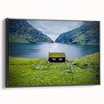 Black and white framed canvas of a vintage Danish landscape, ideal for bedroom wall decor.