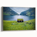 Framed canvas landscape art painting of a European scenery in Denmark with colorful and black vintage poster art style.