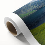 Art deco poster of a serene Danish landscape in muted green and blue tones on rolled canvas, ideal for nursery wall art.