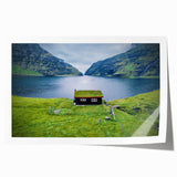 Extra large rolled print of a Danish landscape featuring muted green and blue tones, ideal for art wall dining room.