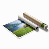 Extra large rolled print of a serene Danish landscape with muted green and blue tones, ideal for classy bathroom wall art.