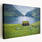 Large canvas print of a European landscape in muted green and blue tones, ideal for kitchen wall art.