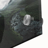 Large abstract wall art depicting a serene Cumbria landscape in muted green and blue tones on acrylic glass.