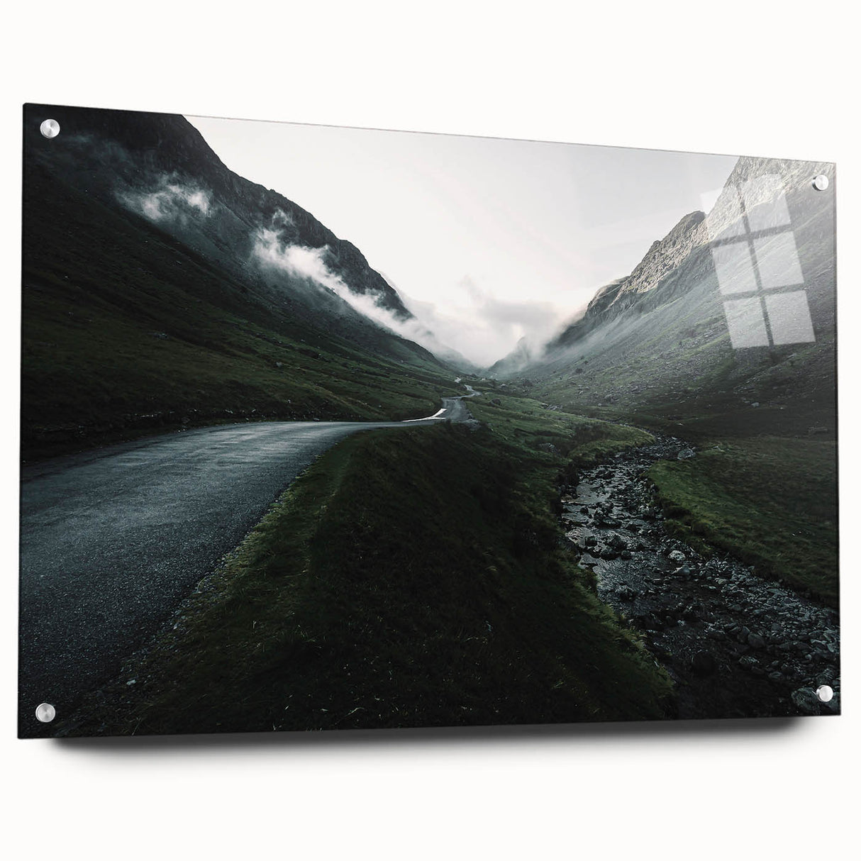 Acrylic print of a Cumbria, England landscape with muted green and blue tones, suitable for bedroom or dining room decor.
