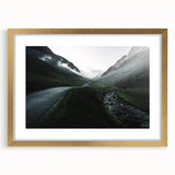 Abstract art print of Cumbria landscape in gold frame, featuring muted earth tones, ideal for dining room decor.