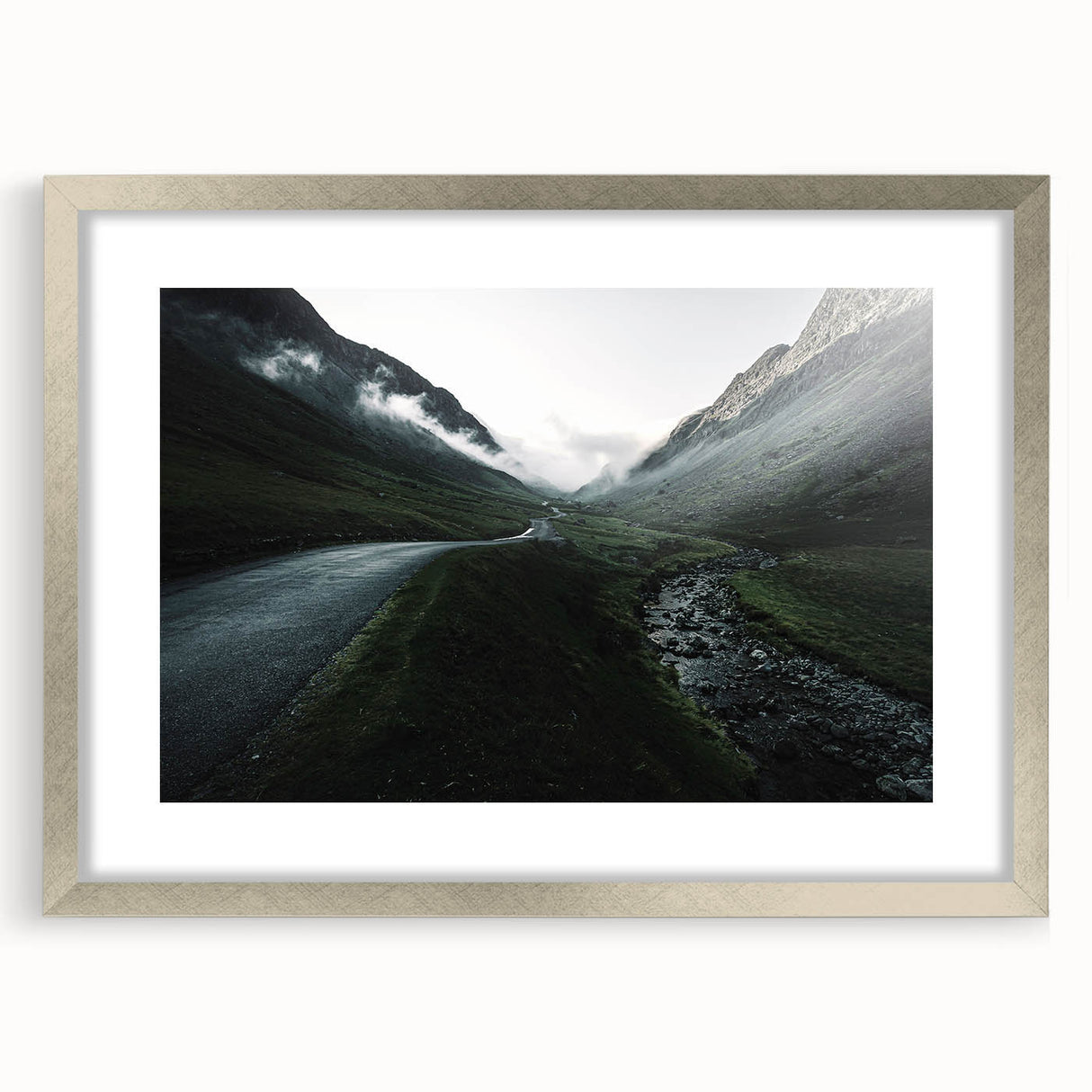 Extra large abstract art print of Cumbria scenery in textured style, presented in a silver frame with mat.