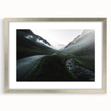 Extra large abstract art print of Cumbria scenery in textured style, presented in a silver frame with mat.