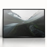 Large abstract wall art depicting a serene Cumbrian landscape in muted earth tones, framed in black acrylic.