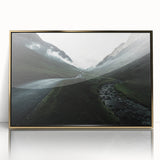 Art deco poster of Cumbria landscape in gold frame on acrylic, showcasing muted earth tones, ideal for modern art wall decor.