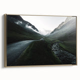 Framed canvas landscape art featuring a vintage poster of Cumbria, England in black and gold, ideal for bedroom decor.