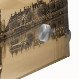 Large abstract depiction of London on acrylic glass in muted gray and blue tones, ideal for dining room art.