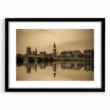 Colorful abstract art print of London scenery in vibrant hues on a large textured canvas, framed in black.