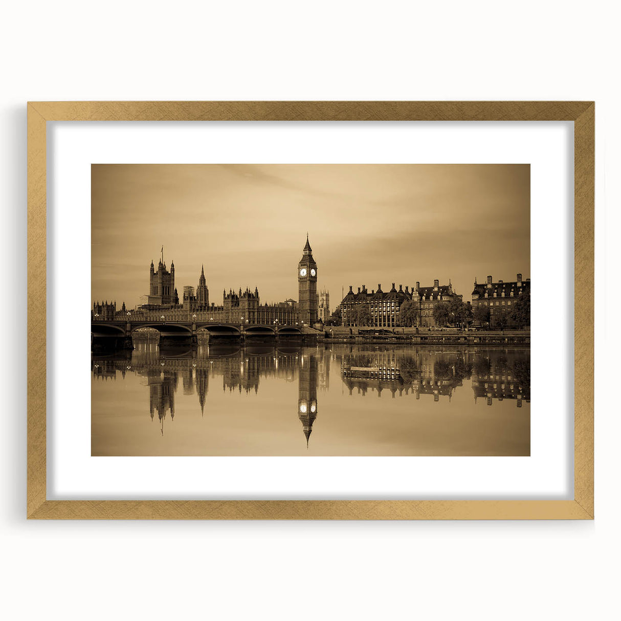 Abstract art print of London skyline in muted gray and gold tones, framed with a gold mat, suitable for dining room decor.