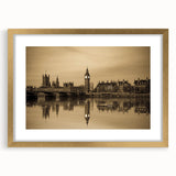 Abstract art print of London skyline in muted gray and gold tones, framed with a gold mat, suitable for dining room decor.