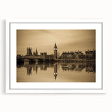 Textured art depicting an abstract London skyline in muted gray and blue tones on a framed white mat, ideal for bedroom art.