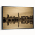 Black and white framed canvas of London landscape with vintage poster art style, ideal for bedroom wall decor.