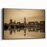 Black and white framed canvas of London landscape with vintage poster art style, ideal for bedroom wall decor.