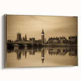Framed canvas depicting a vintage-style London landscape in black and gold tones, ideal for bedroom wall art.