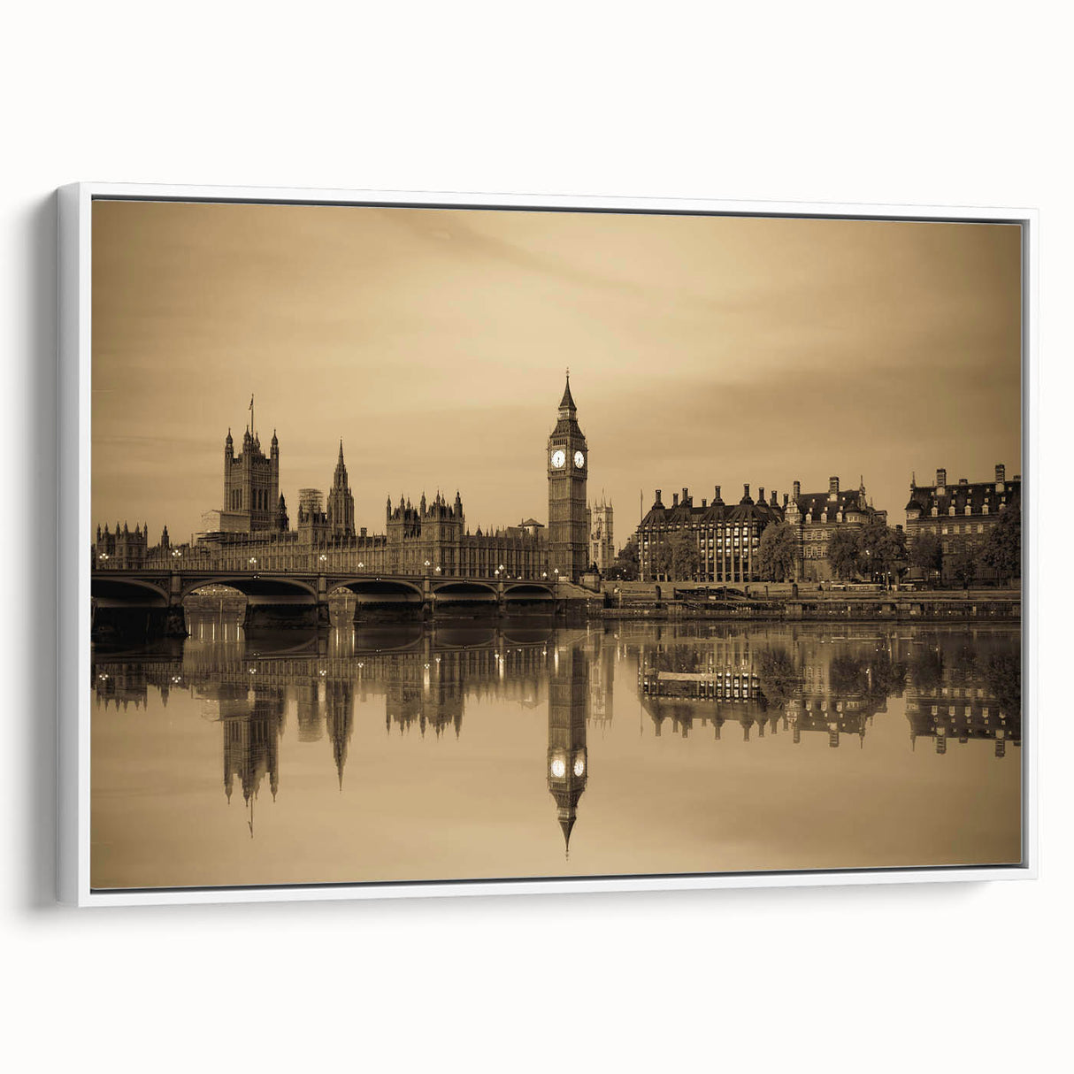 Vintage poster art of London scenery on framed canvas, featuring colorful art in extra large size.