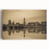 Black and white large art of the London skyline on stretched canvas, ideal for kitchen wall art or bedroom ambiance.