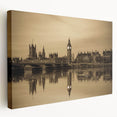 Large canvas print depicting the London skyline in muted gray and blue tones, ideal for kitchen wall art.