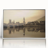 Art deco poster of London skyline in muted gray and blue tones on white framed acrylic, ideal for modern nursery wall art.