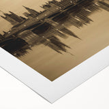 Art deco poster of London skyline in muted gray and blue tones on rolled canvas, suitable for dining room decor.
