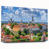 Large abstract wall art of a European scenery in muted blue and green hues, acrylic print.