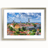 Extra large abstract art print of a European scenery in muted earth tones, framed in silver, ideal for living room decor.