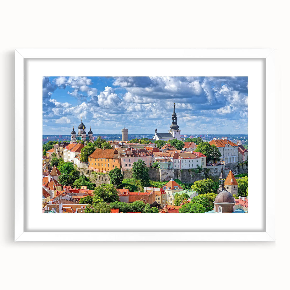 Abstract textured art print depicting a European scenery in muted earth tones on a framed white mat, ideal for bedroom art.