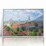 Mid-century modernist art depicting a serene European Estonian landscape in soft pastel hues on a framed acrylic print.