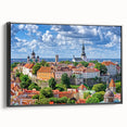Black and white wall art featuring a vintage poster-style landscape of Estonia, on framed canvas, ideal for bedroom decor.