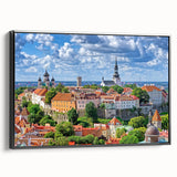 Black and white wall art featuring a vintage poster-style landscape of Estonia, on framed canvas, ideal for bedroom decor.