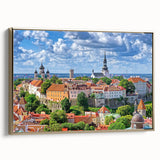 Framed canvas wall art depicting a vintage European landscape in muted gold and black tones, ideal for bedroom decor.