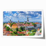 Extra large rolled print of a European landscape with muted green and blue tones, ideal for art wall dining room decor.