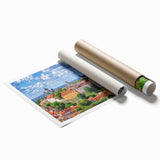 Extra large rolled print of a European floral scenery in muted tones, ideal for classy bathroom wall art.