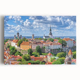 Black and white photo of a European cityscape on stretched canvas, ideal for kitchen wall art.