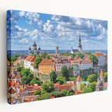 Large stretched canvas of an Estonian landscape in muted green and blue tones, ideal for kitchen wall art.