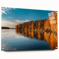 Large abstract wall art of a serene Finnish landscape in cool blue and green tones on acrylic glass.