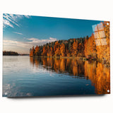 Large abstract wall art of a serene Finnish landscape in cool blue and green tones on acrylic glass.
