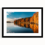 Extra large abstract art print of a colorful, textured Finnish landscape on a framed black canvas.