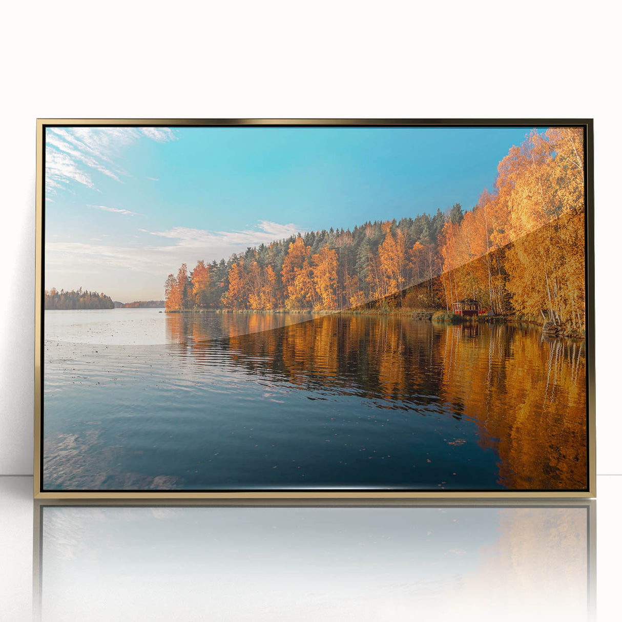 Art deco poster of a serene Finnish landscape in muted gold tones, acrylic print framed, suitable for modern art wall decor.