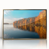 Art deco poster of a serene Finnish landscape in muted gold tones, acrylic print framed, suitable for modern art wall decor.