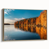 Framed canvas depicting a serene Finnish landscape in muted earth tones, ideal for bedroom wall decor.