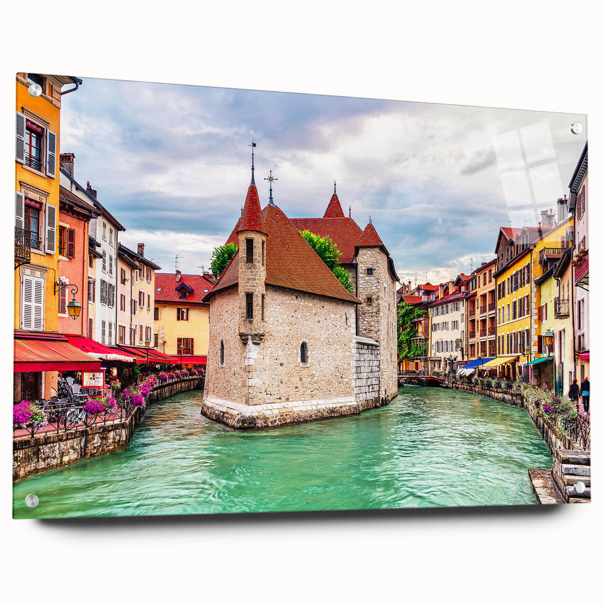 Acrylic print of the French Alps with sharp peaks against a clear sky, suitable for bedroom or dining room decor.