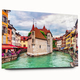 Large abstract wall art of the French Alps in muted earth tones on acrylic glass, ideal for bedroom or dining room decor.