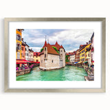 Extra large abstract art print of French Alps in textured style, featuring muted earth tones, framed in silver.