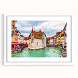 Textured art print of the French Alps in muted earth tones on a framed white mat, ideal for bedroom art.